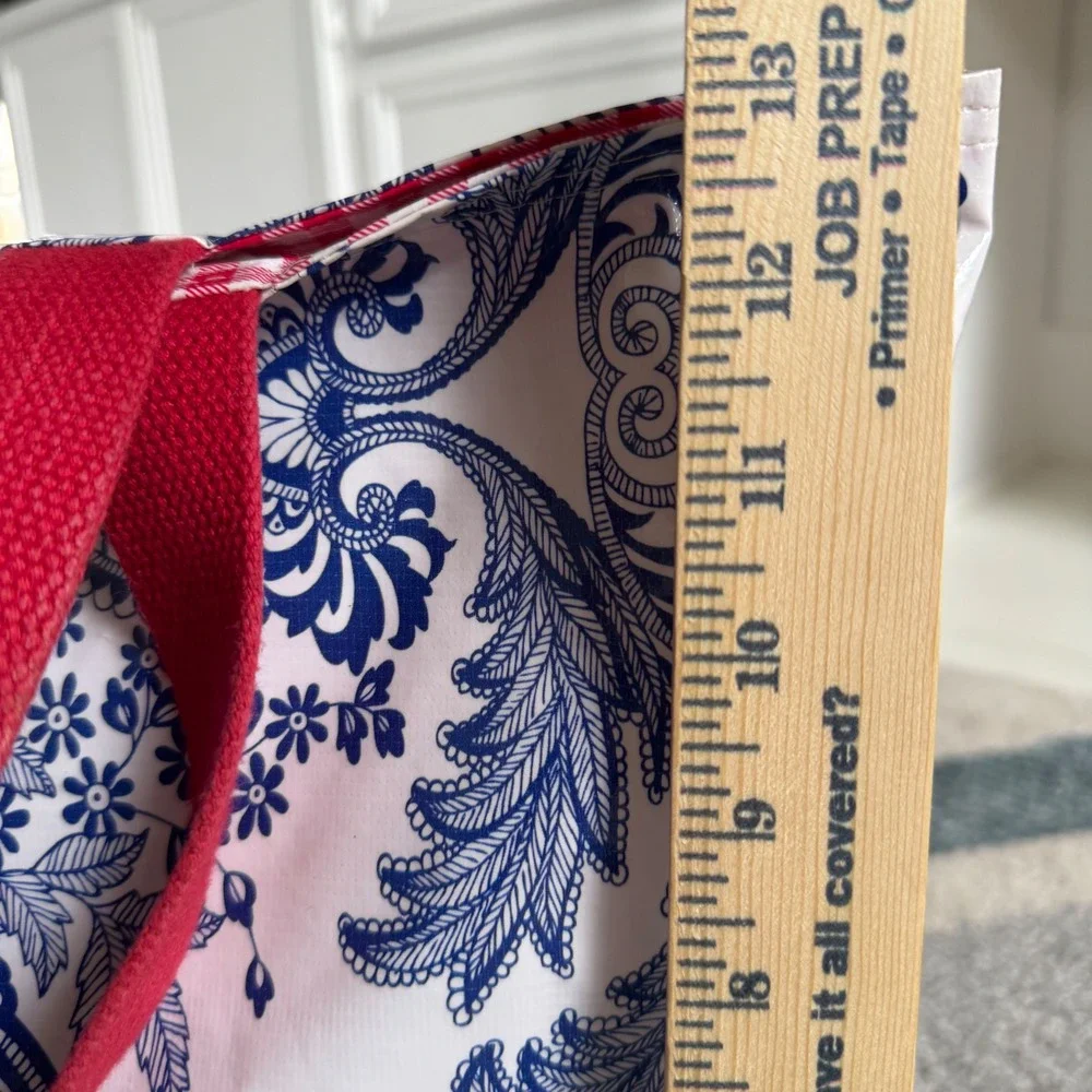 Blue French Toile Oilcloth Tote Bag Reversible Red Gingham Canvas Handles Large
